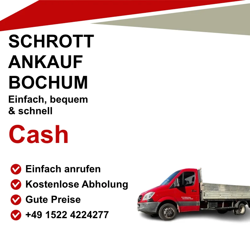 Schrottankauf Bochum : Unser Schrottankauf in Bochum steht für schnelle, effiziente und nachhaltige Lösungen. Wir nehmen eine breite Palette an Altmetallen entgegen, von Kupfer und Aluminium bis hin zu Edelstahl und Kabelschrott. Mit einem flexiblen Abholservice vor Ort garantieren wir Ihnen eine stressfreie Abwicklung und attraktive Vergütung für Ihre Wertstoffe. Ob für Privathaushalte oder Unternehmen – wir sind Ihr zuverlässiger Partner für die umweltfreundliche Entsorgung und Wiederverwertung von Schrott